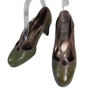 OH! HEATHER GREEN/GRAY & TAUPE BROWN GENUINE LEATHER CRISS-CROSS HEELS! SZ 5M
